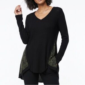 Vocal Apparel Black Waffle Knit Tunic Rhinestone Angel Wings & Side Panels (M)